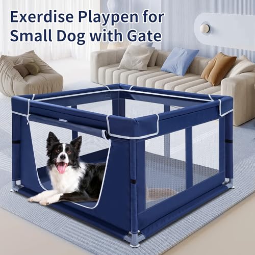 Puppy Playpen Indoor for Dog Small Pets, Dog Playpen 42x42x25 Inch, Dog Play Pen with Gate for Outdoor and Indoor, Oxford Fabric Pet Playpen for Puppy, Anti-Tipping Dog Enclosure with Zipper Door - color: Royal Blue, style: 42 Inch w/o top