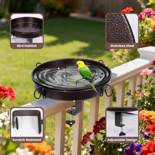 12 Inch Deck Mounted Bird Bath with Clamp for Railing, Fence | Bathing and Feeding Station, Freestanding Design, Attracts Wild Birds to Patios, Lawns and Gardens - size: deck bird bath