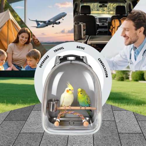 Bird Traval Carrier Cage, Multi Vent Holes Clear Space Capsule Astronaut Backpack to Carry Parakeet Cockatiel Parrot with Metal Tray Wood Perch, Vet Transport Book Bag - color: Black