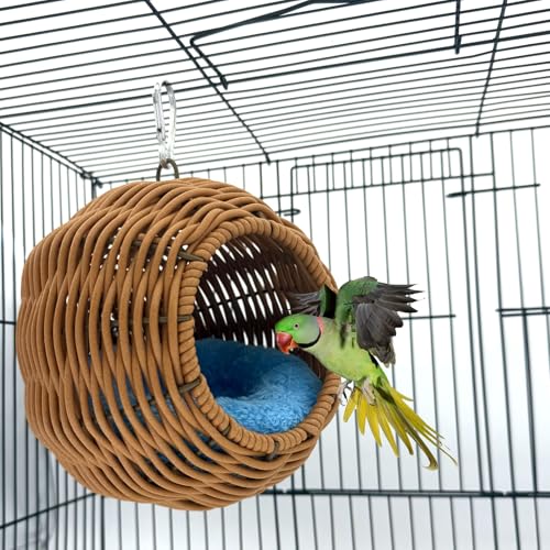 Rattan Bird Nest for Cage Hanging Parrot Breeding Nesting House | Washable Soft Lay Warm Sleep Hut Bird Cage Accessories for Cockatiels Budgerigars Finches Canaries (Circular opening) - style: Circular opening