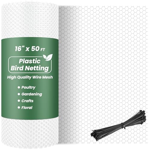 Toolterritary 16IN x 50FT Plastic Chicken Wire Mesh, Chicken Wire for Floral Arrangements, Chicken Wire Mesh for Crafts with 100 Pcs Zip Ties, Mesh Fence for Dogs, Deers, Poultry - color: White, size: 16IN x 50FT