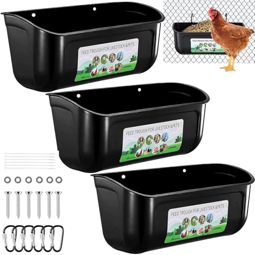3 Pack 6 Quart Chicken Duck Feeder Trough, Black | Fence Mount Hanging Feeder with Clips; Fits Chicken, Duck, Geese, Turkeys, Goats & All Farm Livestock Coop Feeding - color: black