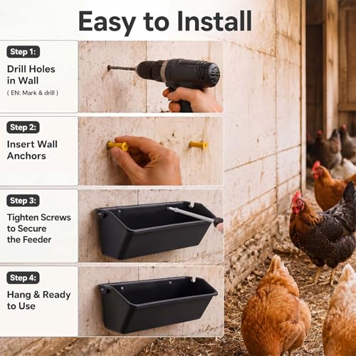 10 Pack Chicken Feeder,5 Quart Hanging Goat Waterer,Black | Two Mounting Options, Metal Clips and Screws,Solid base without holes,Livestock Feed Buckets for Sheep Duck Coop, Farm, Geese - color: Black