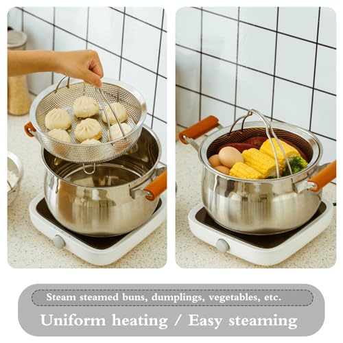 Food Grade Stainless Steel Steamer with Carrying Handle and Three-Legged Stand, Multi-functional Home Steamer and Drainer SUS304 Stainless Steel, Essential for Kitchen Cooking (8.7in)