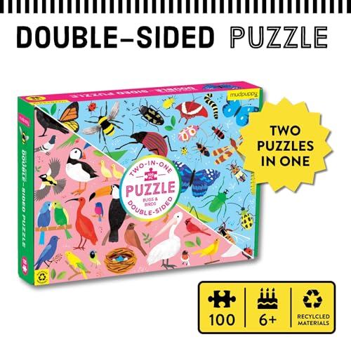 Mudpuppy Bugs and Birds Double-Sided Puzzle, 100 Pieces, 22” x 16.5” – Perfect Family Puzzle for Ages 6+ - Colorful Illustrations of Birds on One Side and Bugs on the Other, Multicolor (0735363749) - style: Bugs & Birds