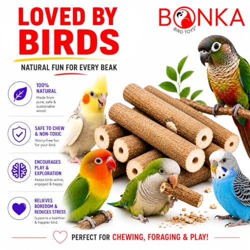 1211 Pk6 Natural Bark Sola Sticks, 6-Pack, 3" Long, 1.25" Diameter, Soft Chew and Foraging Toy for Birds, Parrots, Parakeets, Cockatiels, Lightweight, Natural, Safe, Eco-Friendly | Natural sola root sticks with center holes for chewing, shredding, toy mak