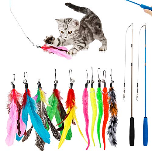 JIARON Cat Toys Interactive Feather Toy, 2PCS Retractable Wand and 10PCS Replacement Teaser with Bell Refills, Interactive Catcher and Funny Exercise for Kitten.