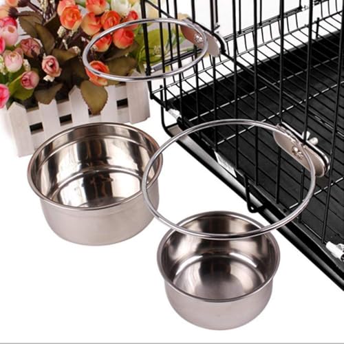 Pet Dog Stainless Steel Coop Cups with Clamp Holder - Detached Dog Cat Cage Kennel Hanging Bowl,Metal Food Water Feeder for Small Animal Ferret Rabbit (Large) - size: Large