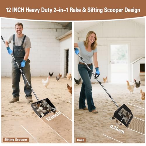 12-Inch Heavy Duty Chicken Poop Scooper & Rake 2-in-1 with 36-77" Adjustable Stainless Steel Handle Ergonomic Metal Sifting Shovel for Chicken Coop, Goat Stall,Animals House Cleaning - color: 12inch