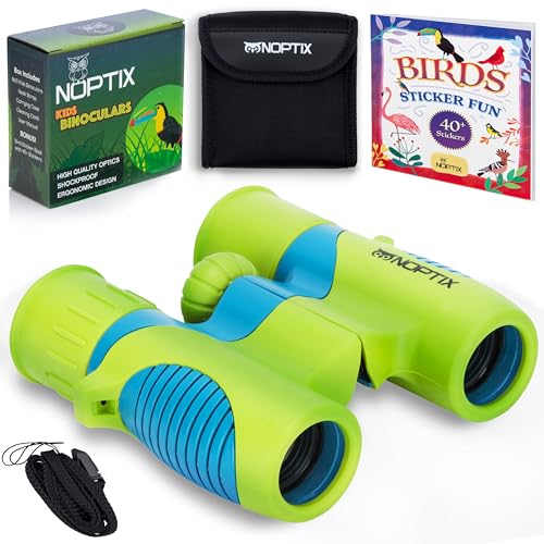 Binoculars for Kids, Girls or Boys Real Kids Binoculars in Vibrant Green Blue - Includes Sticker Book with 40 Bird Species - Small Toys for Toddlers - color: Green Blue