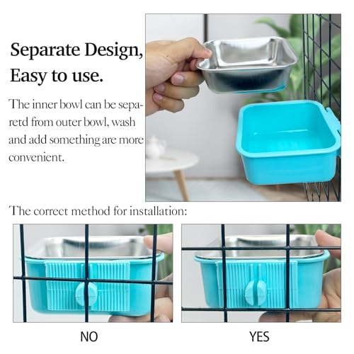 kathson Crate Dog Bowl, Removable Stainless Steel Hanging Pet Kennel Cage Bowl Food & Water Feeder Coop Cup for Puppy, Cat, Rabbit, Guinea Pigs 2pcs Small Square(Blue, Green) - color: Square (Blue, Green), size: 2 PCS