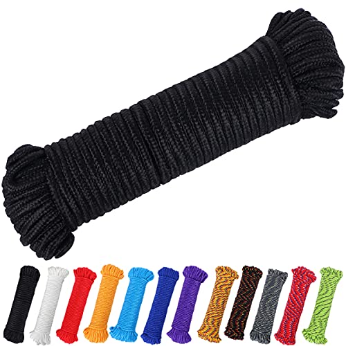 90 ft 1/4 inch (7mm) Polyester Rope (Nylon - Like Durability) Poly Flag Pole Clothes Line Camping Utility Good for Tie Pull Swing Climb Knot (Black) - color: Black, size: 1/4" x 90'