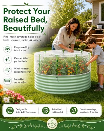 Garden Netting Kit for Raised Beds, 2.3 x 2.3 FT Fine Mesh Plant Cover with Support Stakes & 8 Clips, Wind-Resistant Insect Bird Barrier for Seedlings, Vegetables, Fruits & Patio Planters - size: 2.3×2.3 FT-Round Shape