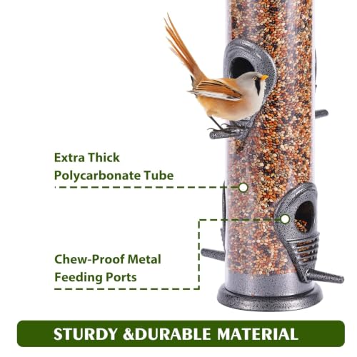 1PK Metal Wild Bird Feeder,Squirrel Proof Bird Feeders for Outside,Hanging 6 Port Tube Bird Feeder Transparent Finch Bird Feeder for Attracting Birds in Your Lawn, Garden, Balcony-Gray - color: Gray