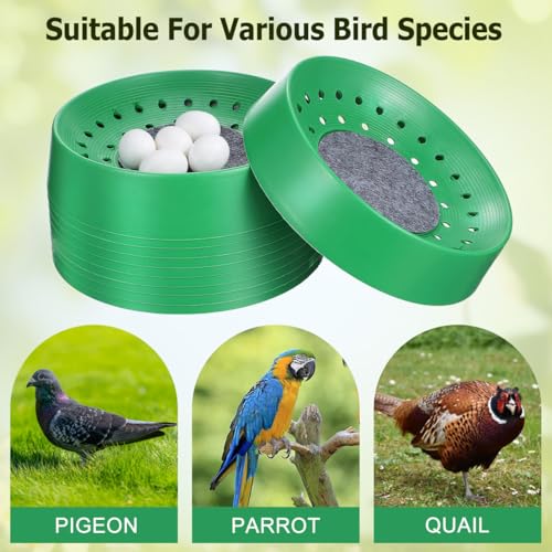 Balacoo 10 Pcs Pigeon Nest Bowls, Durable Plastic Dove Nesting Box with Pad | Breathable Washable Quail Nest, Bird Egg Rest Beds for Doves, Pigeon, Quails & Small Birds - Bird Cage Supplies (Green)