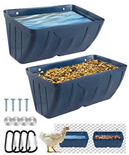Chicken Feeders, 2 Pack, Duck Feeders and Waterers, Hanging Poultry Water Feeder, Livestock Fence Feeder, Feed Trough and Waterer Bucket with Clips, Blue - color: 2 Pack Blue