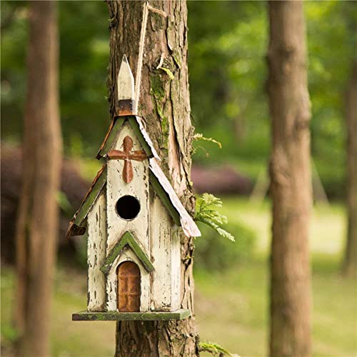 Glitzhome Wooden 14" H Hanging Distressed Church Birdhouse Decorative Garden Bird House - color: 14"H
