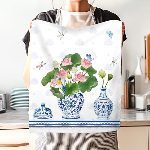 Blue and White Porcelain Tea Towel, Cotton Kitchen Towel, Set of 4 | 18.9 x 27.5 in / 48 x 70 cm, Lightweight Woven Dish Cloth with Blue And White Porcelain Print for Kitchen Decor - color: Blue and White Porcelain