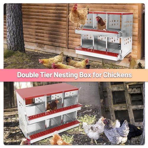 2 Tiers Chicken Nesting Boxes, 6 Compartments, Metal Egg Laying Boxes with Protective Collection Lids, Roll Out Nesting Box, Easy to Assemble, Ideal for Hens, Ducks, Chickens, and Other Poultry - color: Red, size: 6 holes