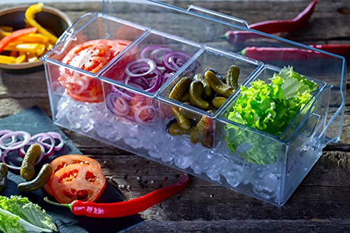 Pikanty Chilled Condiment Server Caddy with Ice Base - 4 Compartments and 4 Serving Tongs Included, Mimosa Bar, Taco Bar, Garnish Tray for Parties, Weddings, BBQs, Dishwasher Safe, Made in USA - style: Condiment Server Caddy on Ice