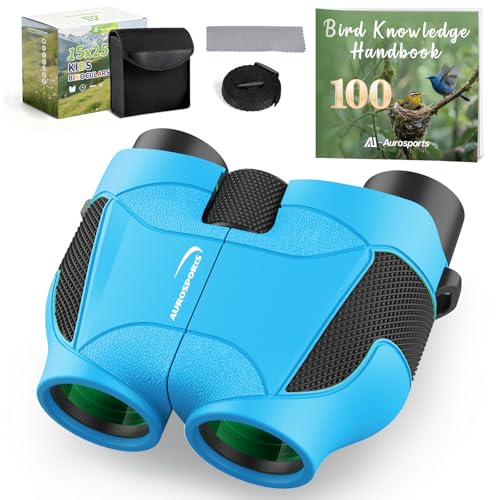 Aurosports 15x25 Compact Binoculars for Kids with Bird Guide Book, Blue | Lightweight Easy Focus with Carrying Case & Strap; Durable Fully Coated; Birdwatching Cruise Travel Gift for 8-12 Boys Girls - color: Blue