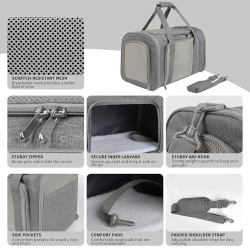Cat Carrier, Soft-Sided Airline Approved Pet Carrier Case with 4 Ventilated Windows for Cats and Dogs Under 10-25Lbs (17.0 L x 11.0 W x 11.0 H Inch, Grey) - color: grey, size: 17.0"L x 11.0"W x 11.0"H
