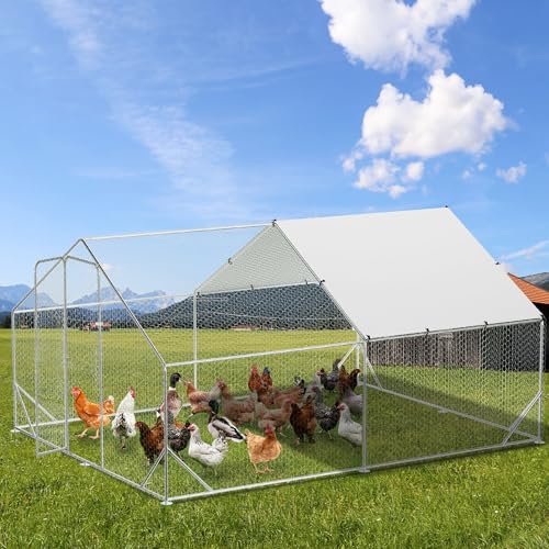 Large Metal Chicken Coop, 13.1'L x 9.8'W x 6.6'H Walk-in Poultry Cage, Chicken Run Pen House with Waterproof & Anti-Ultraviolet Cover Chicken Coop Run for Outdoor Backyard Farm - size: 118.1"L x 157.5"W x 78.7"H