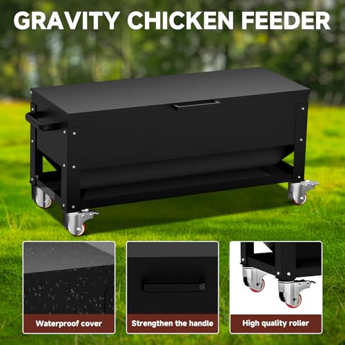 120lb Large Capacity Automatic Metal Chicken Feeder, Heavy Duty Gravity Chicken Feeder Box with Weatherproof Lid Brake Casters,Portable Chicken Feede No Waste Poultry Feeder for Ducks, Geese