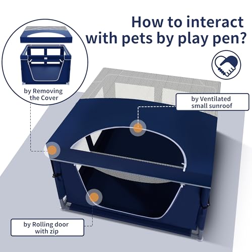 Dog Kitten Playpen with Play Pen Cover for Cat Indoor, 41 x41 x25.5 Puppy Playpen for Small Pet with See-Through Topper Proof Enclosed Door Dog Pen, Sturdy Warm Protable Play Pen for Cat - color: Royal Blue, style: 41'x41'x25.5' with Cover