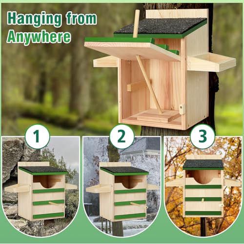 Owl House, Screech Wooden Owl Nesting Box, Weatherproof Design with Bird Stand, Large Opening, Mounting Screws, and Wood Shavings for Outside Backyard
