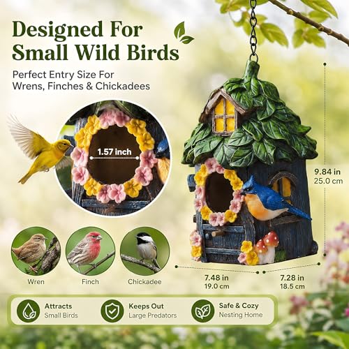 Bird Houses for Outside, Resin Hanging Birdhouse for Outdoors, Hand-Painted Waterproof Wild Bird Nesting Box for Wren Finch Chickadee, Garden Patio Yard Decorative