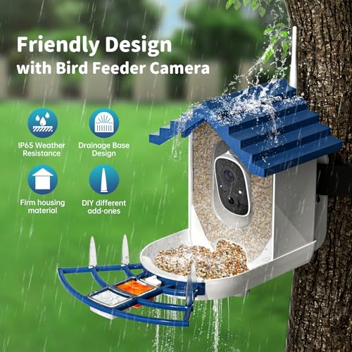 Smart Bird Feeder with Camera Solar Powered & AI Bi rd Identification, 2.4Ghz WiFi Bird feeders for Outdoors, 2K Live Video, Instant Arrival Alerts - Gifts for Women - color: Indigo Blue