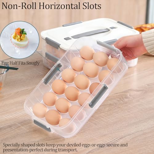 VitalYang Deviled Egg Container with Lid, Double Layer Egg Container, 36 Count Deviled Egg Tray- Secure Lock & Handle, Stackable, Leak-Proof Design for Parties & Catering, White - color: White