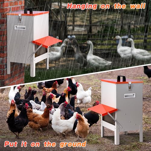35lb Automatic Chicken Feeder Metal Ducks Poultry Feeder no Waste Large Hanging Chicken Feeders Trough with Leg for Chickens Coop Quail Outside Galvanized Waterproof Chicken Feeder
