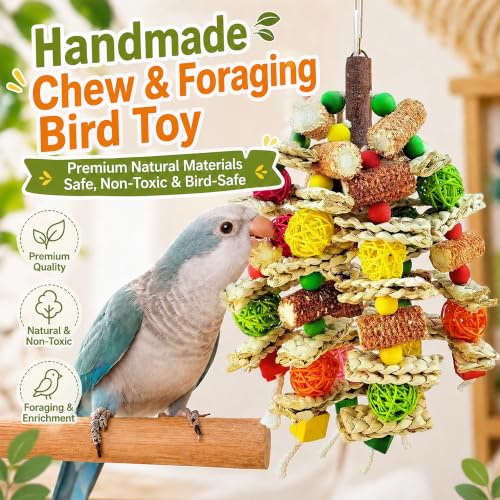 Parrot Chew Toy, Natural Material Bird Foraging Toy for Conures, Quaker Parrots, Medium-Sized Birds - Colorful Hanging Shredding Toy with Woven Ball, Corn Cob and Wooden Beads - color: Colorful, size: Large