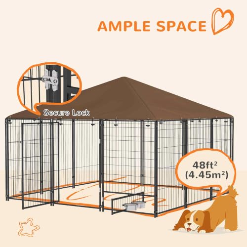 PawHut Outside Dog Kennel, 7' x 7' x 5' Puppy Play Pen with Canopy, Garden Playpen Fence Crate Enclosure Cage Rotating Bowl, for Dogs, Chickens, Ducks, Black | Puppy Play Pen, Garden Fence Crate Enclosure Cage, Rotating Bowl for Dogs Chickens Ducks - size