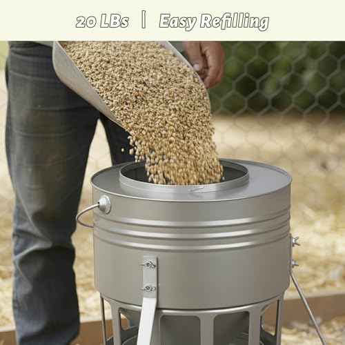 KOL Metal Chicken Feeder - 20lbs No Waste Chicken Feeder with 12 Ports, Powder Coated Rust-Proof Design & Smooth Edges for Safe Feeding (Silver) - color: Silver