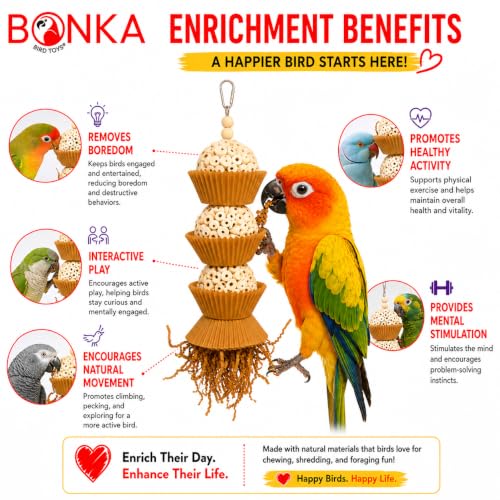 Bonka Bird Toys 1931N Natural Three Cake Parrot Chew Shred Forage Cage Toy, Conure, Amazon, Pionus, and Similar