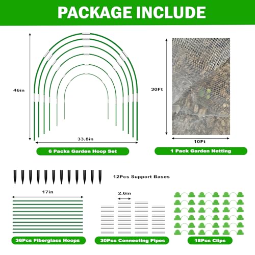 Garden Mesh Netting Kit, 10x30FT White Ultra Fine Netting & 8FT Fiberglass Garden Hoops with Support Bases, Garden Netting with Frame for Raised Beds, Garden Hoops & Netting, Row Cover, Plant Barrier - color: White