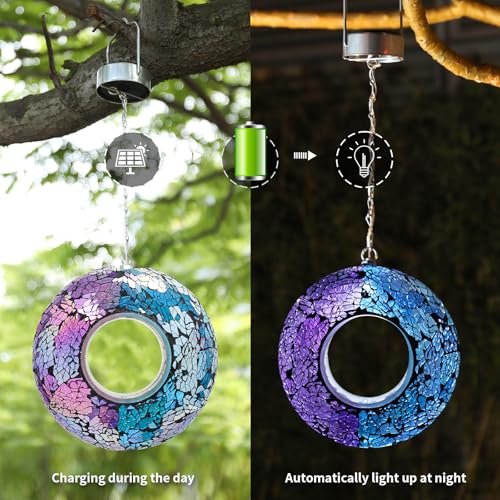 VCUTEKA Mosaic Bird Feeders, Solar Fly Through Birdfeeder for Garden Decor | 8" Mosaic Bird Feeder for Outside Hanging Round Shape Glass Container to Attract Wild Bird Feeders for Garden Bird Lovers - color: Blue&Purple