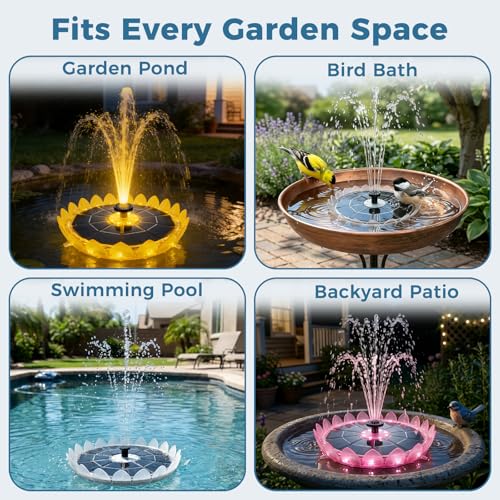 6.3" Solar Bird Bath Fountain, Lotus Design with LED Lights | 3.7V 1500mAh Battery, 23 LED Lights, 7 Color Modes, 5 Adjustable Nozzles, 50-55cm Lift Height, Anti-Floating Poles