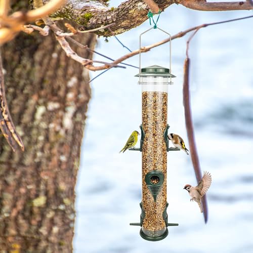 Metal Bird Feeder Tube Hanging Wild Bird Seed Feeder Aluminum Six Port Bird Feeders,1.4 mm Extra Thick Solid Tube Transparent with Steel Hanger Great for Attracting Birds (Green 2PK) - color: Green 2PK