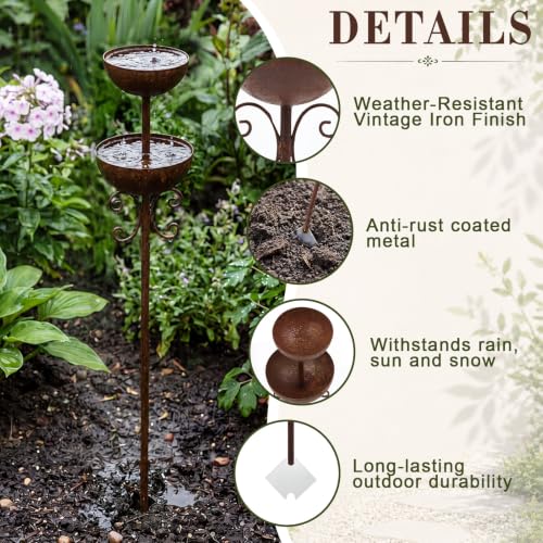 1 Pcs Vintage Metal Bird Bath Stakes for Garden, Decorative Outdoor Bird Bath Bowl Set, Rustic Rain Catcher Garden Art for Birds Butterflies Patio Lawn Flower Bed Decor (2-Tiered) - style: 2-tiered