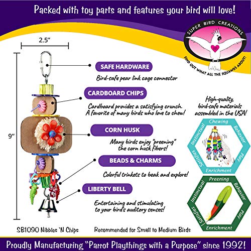 Super Bird Creations SB1090 Nibbles 'N Chips Bird Toy - Interactive Chew & Preening for Small to Medium Birds - Parrotlets Parakeets Cockatiel - Colorful Beads Chips & Corn Husk Chews - 8.5"x3"x1.5"