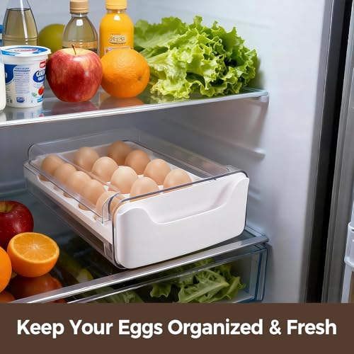 Egg-Holder for Fridge, Fits Small to Large Eggs, White | 18 Egg-Storage for Refrigerator Countertop, 1 Tier Dispenser with Drawer, Stackable Clear Egg Tray Container - size: 1 Tier-White