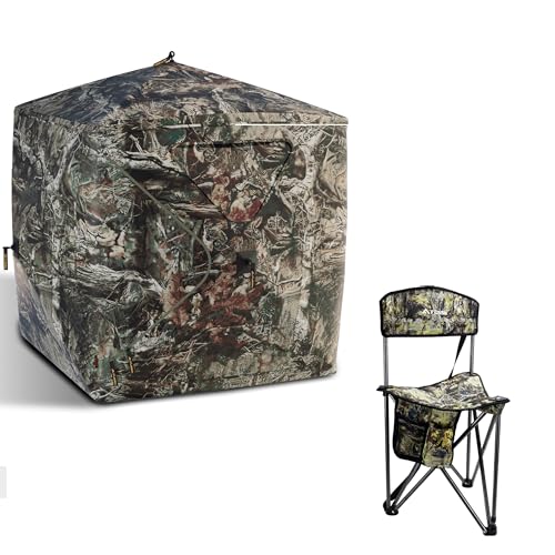 FLISSA Hunting Blind & Hunting Chair Bundle, Pop-Up Camouflage Deer Blind with Portable Folding Hunting Chair for Deer, Turkey & Ground Hunting
