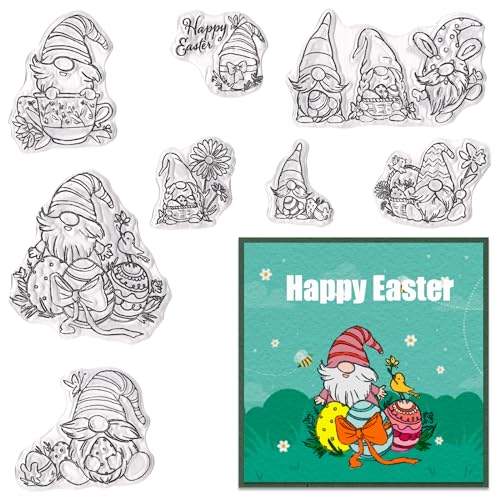 Estivaux Easter Bunny Gnomes Clear Stamps for Card Making and Journaling, Easter Eggs Rubber Stamps Flowers Elf Stamps for Scrapbooking DIY Cards Album Crafts