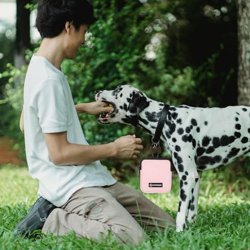Dog Treat Pouch with Training Clicker,Waterproof Nylon Fabric Poop Bag Holders for Leashes,Hands Free Small Dog Walking Bag with Carabiner, Pet Puppy Training Walking Essentials (Pink) - color: Pink