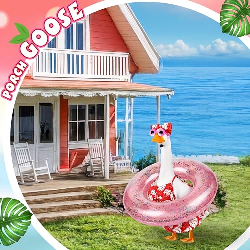 Bikini Summer Porch Goose Outfits for 23" Goose | with Goose Sunglasses Bow Headpiece and Swimming Tube, Hawaiian Red Monstera Porch Goose Outfits, Garden Patio Statue Decor - style: Hot Pink Monstera