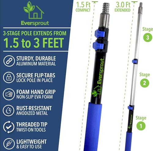 EVERSPROUT Scrub Brush, 1.5 to 3ft Pole, Rubber Bumper, No-Scratch | For Cars, Trucks, RV, Boats, Driveways, Decks, Patios, Decks, House Siding, 8-10ft Standing Reach, Non-Slip Grip, Lightweight